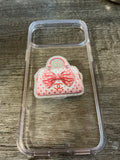 Pink polka dot purse phone grip