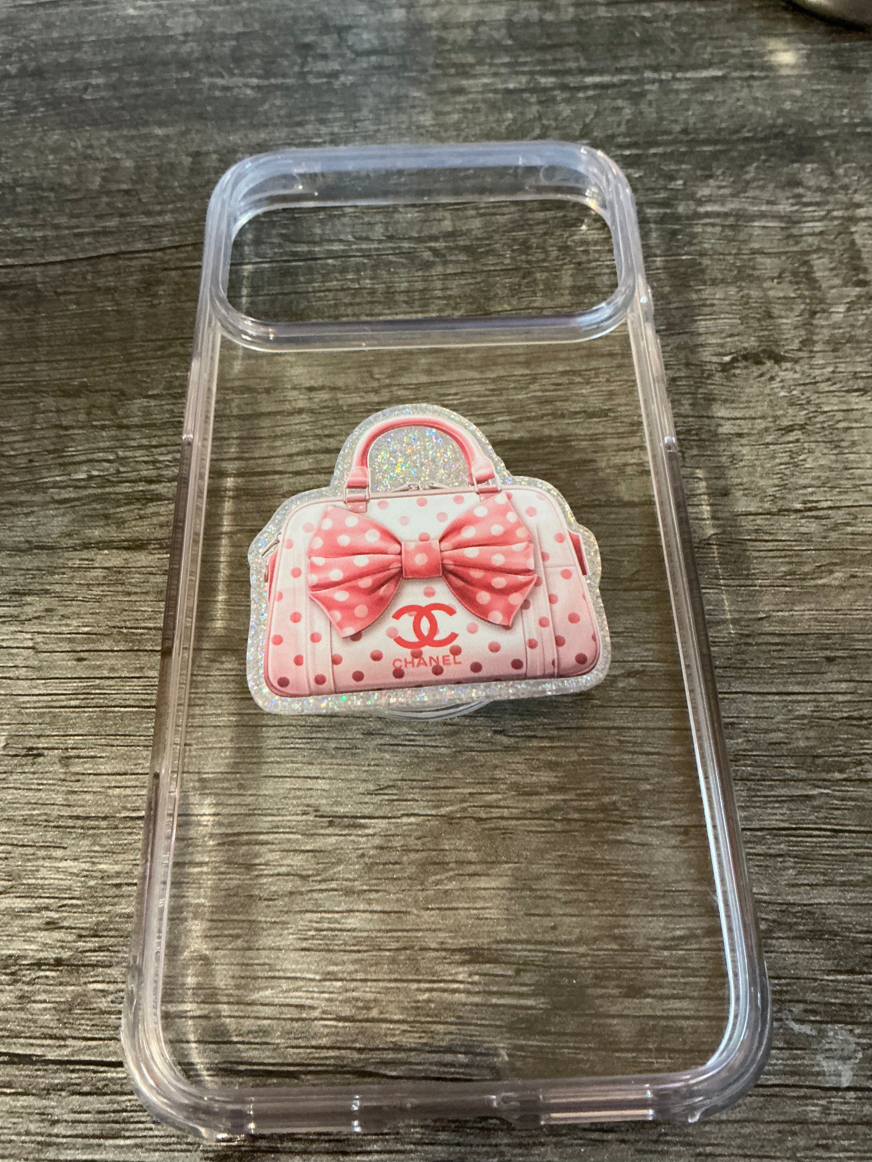 Pink polka dot purse phone grip